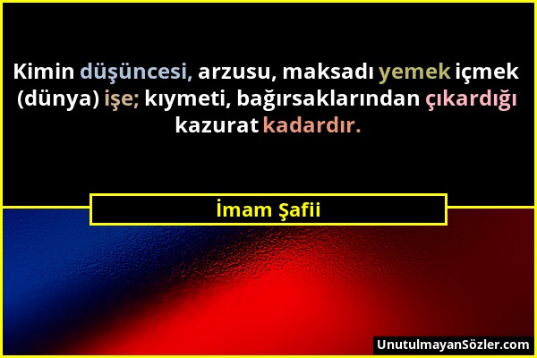 İmam Şafii - Kimin düşüncesi, arzusu, maksadı yemek içmek (dünya) işe; kıymeti, bağırsaklarından çıkardığı kazurat kadardır....