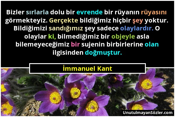 İmmanuel Kant - Bizler sırlarla dolu bir evrende bir rüyanın rüyasını görmekteyiz. Gerçekte bildiğimiz hiçbir şey yoktur. Bildiğimizi sandığımız şey s...