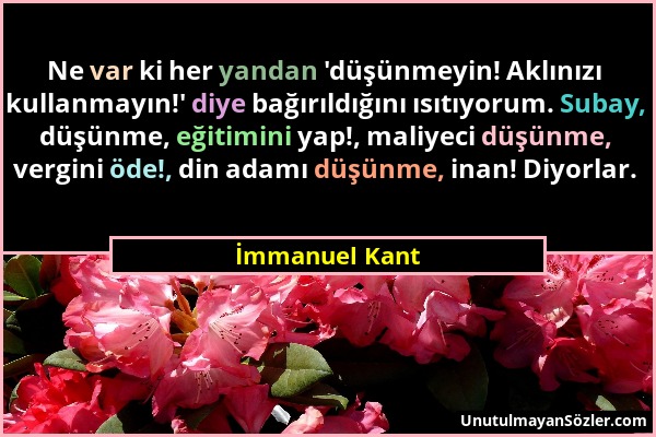 İmmanuel Kant - Ne var ki her yandan 'düşünmeyin! Aklınızı kullanmayın!' diye bağırıldığını ısıtıyorum. Subay, düşünme, eğitimini yap!, maliyeci düşün...