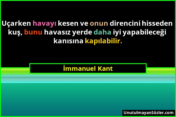 İmmanuel Kant - Uçarken havayı kesen ve onun direncini hisseden kuş, bunu havasız yerde daha iyi yapabileceği kanısına kapılabilir....