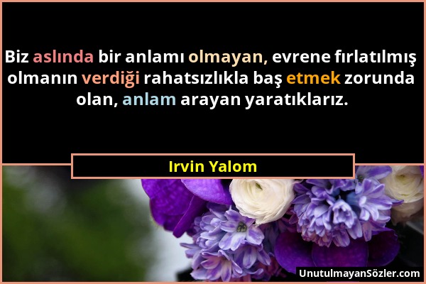 Irvin Yalom - Biz aslında bir anlamı olmayan, evrene fırlatılmış olmanın verdiği rahatsızlıkla baş etmek zorunda olan, anlam arayan yaratıklarız....