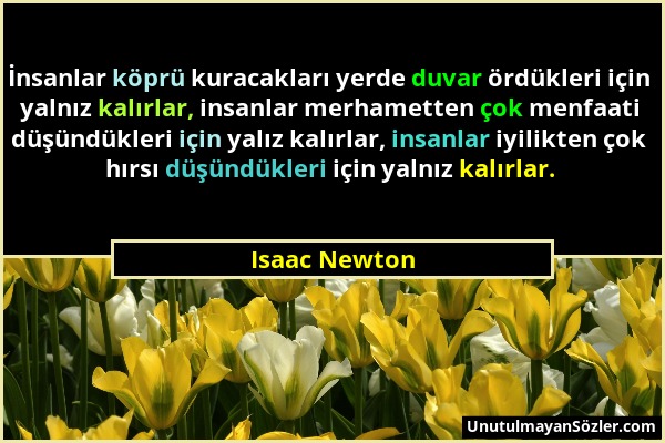 Isaac Newton - İnsanlar köprü kuracakları yerde duvar ördükleri için yalnız kalırlar, insanlar merhametten çok menfaati düşündükleri için yalız kalırl...
