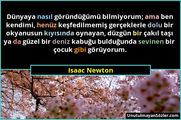 Isaac Newton - Dünyaya nasıl göründüğümü bilmiyorum; ama ben kendimi, henüz keşfedilmemiş gerçeklerle dolu bir okyanusun kıyısında oynayan, düzgün bir...