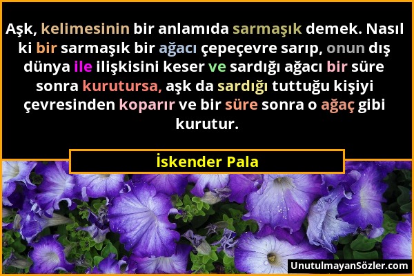 İskender Pala - Aşk, kelimesinin bir anlamıda sarmaşık demek. Nasıl ki bir sarmaşık bir ağacı çepeçevre sarıp, onun dış dünya ile ilişkisini keser ve...