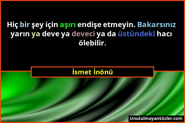 İsmet İnönü - Hiç bir şey için aşırı endişe etmeyin. Bakarsınız yarın ya deve ya deveci ya da üstündeki hacı ölebilir....