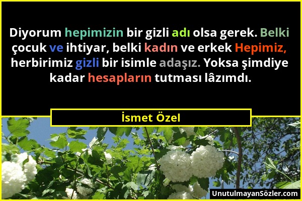 İsmet Özel - Diyorum hepimizin bir gizli adı olsa gerek. Belki çocuk ve ihtiyar, belki kadın ve erkek Hepimiz, herbirimiz gizli bir isimle adaşız. Yok...