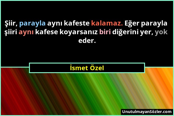 İsmet Özel - Şiir, parayla aynı kafeste kalamaz. Eğer parayla şiiri aynı kafese koyarsanız biri diğerini yer, yok eder....