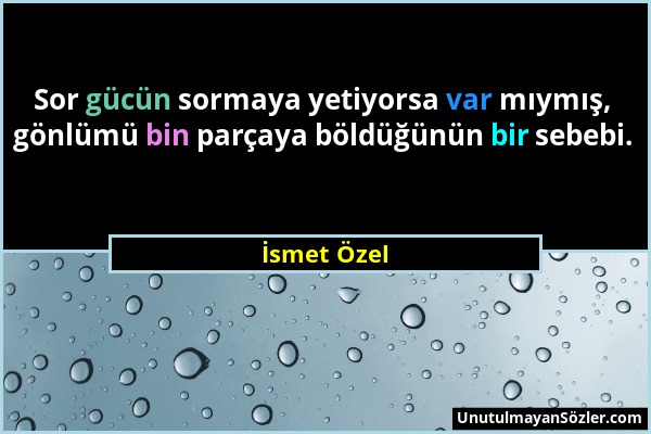 İsmet Özel - Sor gücün sormaya yetiyorsa var mıymış, gönlümü bin parçaya böldüğünün bir sebebi....