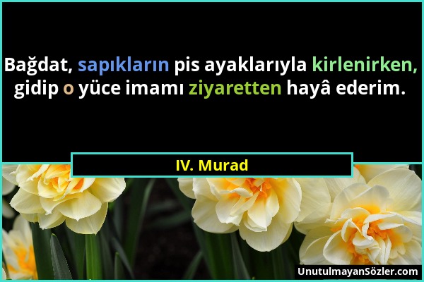 IV. Murad - Bağdat, sapıkların pis ayaklarıyla kirlenirken, gidip o yüce imamı ziyaretten hayâ ederim....
