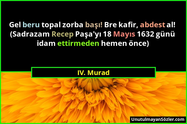 IV. Murad - Gel beru topal zorba başı! Bre kafir, abdest al! (Sadrazam Recep Paşa'yı 18 Mayıs 1632 günü idam ettirmeden hemen önce)...