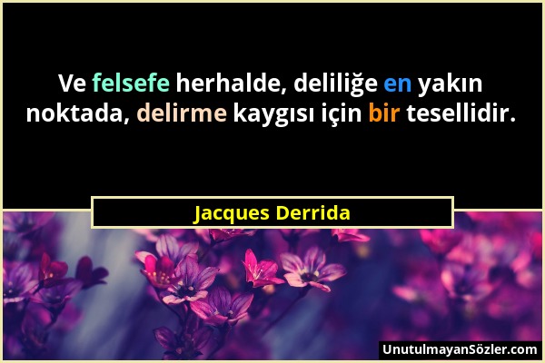 Jacques Derrida - Ve felsefe herhalde, deliliğe en yakın noktada, delirme kaygısı için bir tesellidir....