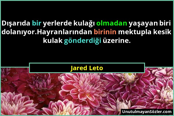 Jared Leto - Dışarıda bir yerlerde kulağı olmadan yaşayan biri dolanıyor.Hayranlarından birinin mektupla kesik kulak gönderdiği üzerine....
