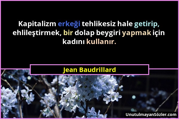 Jean Baudrillard - Kapitalizm erkeği tehlikesiz hale getirip, ehlileştirmek, bir dolap beygiri yapmak için kadını kullanır....