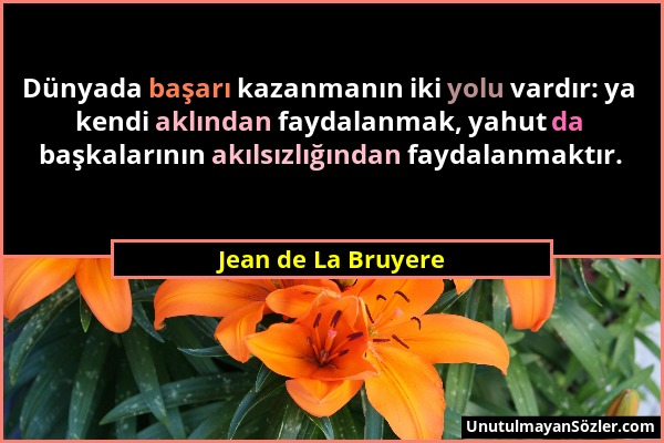 Jean de La Bruyere - Dünyada başarı kazanmanın iki yolu vardır: ya kendi aklından faydalanmak, yahut da başkalarının akılsızlığından faydalanmaktır....