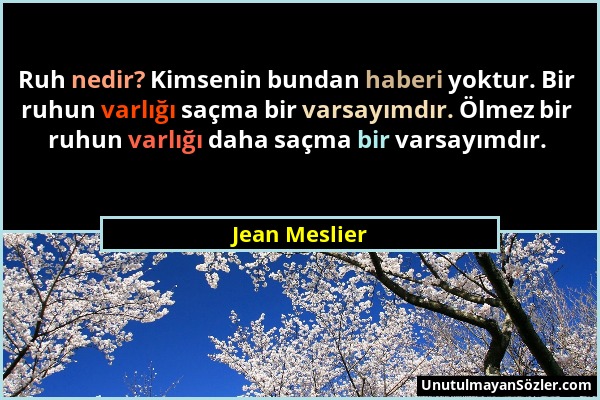 Jean Meslier - Ruh nedir? Kimsenin bundan haberi yoktur. Bir ruhun varlığı saçma bir varsayımdır. Ölmez bir ruhun varlığı daha saçma bir varsayımdır....