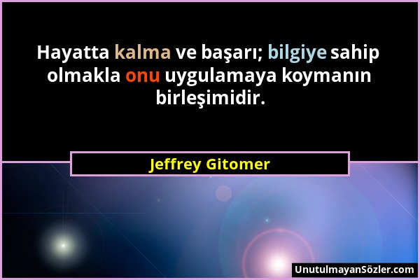 Jeffrey Gitomer - Hayatta kalma ve başarı; bilgiye sahip olmakla onu uygulamaya koymanın birleşimidir....