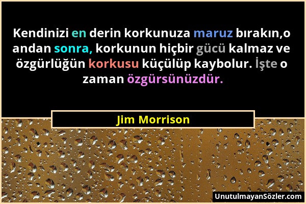 Jim Morrison - Kendinizi en derin korkunuza maruz bırakın,o andan sonra, korkunun hiçbir gücü kalmaz ve özgürlüğün korkusu küçülüp kaybolur. İşte o za...