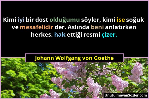 Johann Wolfgang von Goethe - Kimi iyi bir dost olduğumu söyler, kimi ise soğuk ve mesafelidir der. Aslında beni anlatırken herkes, hak ettiği resmi çi...