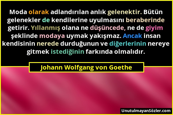 Johann Wolfgang von Goethe - Moda olarak adlandırılan anlık gelenektir. Bütün gelenekler de kendilerine uyulmasını beraberinde getirir. Yıllanmış olan...