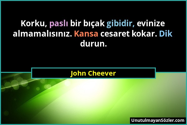 John Cheever - Korku, paslı bir bıçak gibidir, evinize almamalısınız. Kansa cesaret kokar. Dik durun....