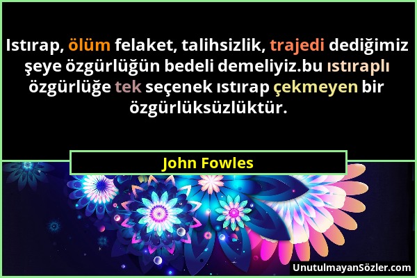 John Fowles - Istırap, ölüm felaket, talihsizlik, trajedi dediğimiz şeye özgürlüğün bedeli demeliyiz.bu ıstıraplı özgürlüğe tek seçenek ıstırap çekmey...