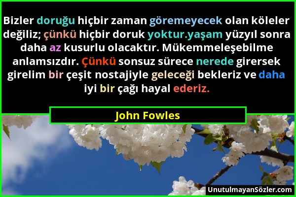 John Fowles - Bizler doruğu hiçbir zaman göremeyecek olan köleler değiliz; çünkü hiçbir doruk yoktur.yaşam yüzyıl sonra daha az kusurlu olacaktır. Mük...