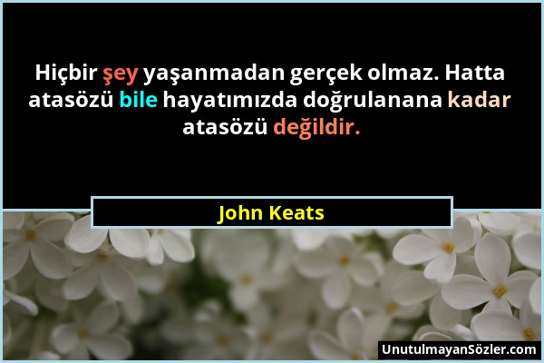 John Keats - Hiçbir şey yaşanmadan gerçek olmaz. Hatta atasözü bile hayatımızda doğrulanana kadar atasözü değildir....