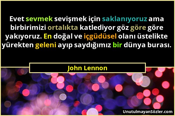 John Lennon - Evet sevmek sevişmek için saklanıyoruz ama birbirimizi ortalıkta katlediyor göz göre göre yakıyoruz. En doğal ve içgüdüsel olanı üstelik...