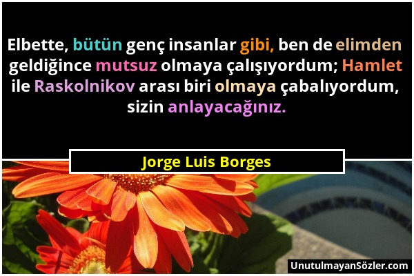 Jorge Luis Borges - Elbette, bütün genç insanlar gibi, ben de elimden geldiğince mutsuz olmaya çalışıyordum; Hamlet ile Raskolnikov arası biri olmaya...