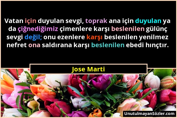 Jose Marti - Vatan için duyulan sevgi, toprak ana için duyulan ya da çiğnediğimiz çimenlere karşı beslenilen gülünç sevgi değil; onu ezenlere karşı be...
