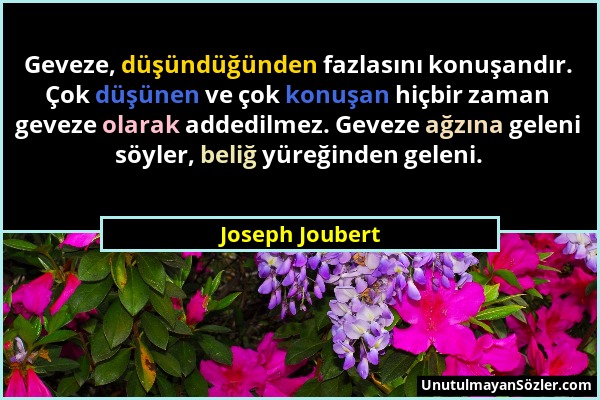 Joseph Joubert - Geveze, düşündüğünden fazlasını konuşandır. Çok düşünen ve çok konuşan hiçbir zaman geveze olarak addedilmez. Geveze ağzına geleni sö...