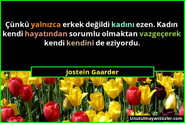 Jostein Gaarder - Çünkü yalnızca erkek değildi kadını ezen. Kadın kendi hayatından sorumlu olmaktan vazgeçerek kendi kendini de eziyordu....