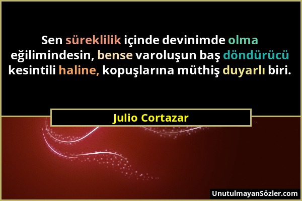 Julio Cortazar - Sen süreklilik içinde devinimde olma eğilimindesin, bense varoluşun baş döndürücü kesintili haline, kopuşlarına müthiş duyarlı biri....