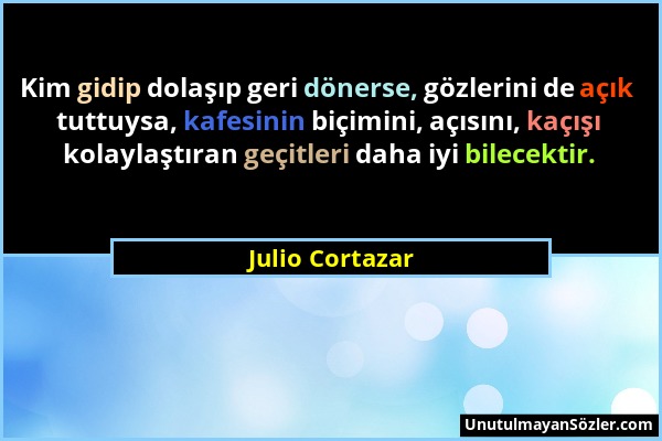 Julio Cortazar - Kim gidip dolaşıp geri dönerse, gözlerini de açık tuttuysa, kafesinin biçimini, açısını, kaçışı kolaylaştıran geçitleri daha iyi bile...