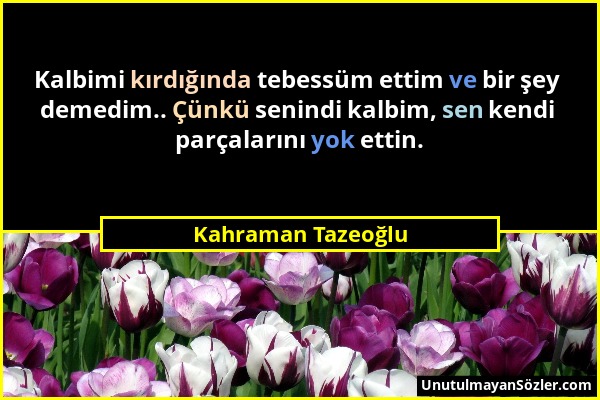 Kahraman Tazeoğlu - Kalbimi kırdığında tebessüm ettim ve bir şey demedim.. Çünkü senindi kalbim, sen kendi parçalarını yok ettin....