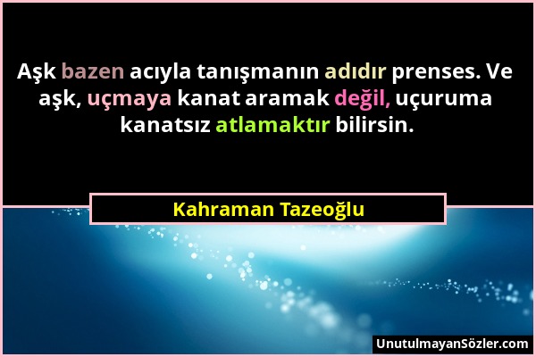 Kahraman Tazeoğlu - Aşk bazen acıyla tanışmanın adıdır prenses. Ve aşk, uçmaya kanat aramak değil, uçuruma kanatsız atlamaktır bilirsin....