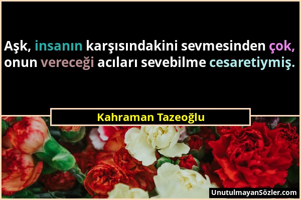 Kahraman Tazeoğlu - Aşk, insanın karşısındakini sevmesinden çok, onun vereceği acıları sevebilme cesaretiymiş....