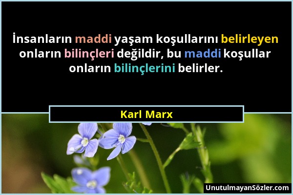 Karl Marx - İnsanların maddi yaşam koşullarını belirleyen onların bilinçleri değildir, bu maddi koşullar onların bilinçlerini belirler....