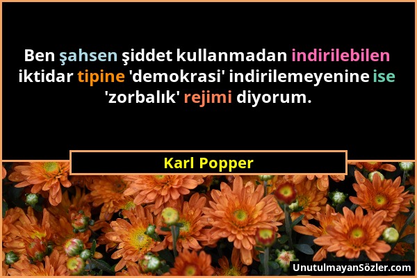 Karl Popper - Ben şahsen şiddet kullanmadan indirilebilen iktidar tipine 'demokrasi' indirilemeyenine ise 'zorbalık' rejimi diyorum....