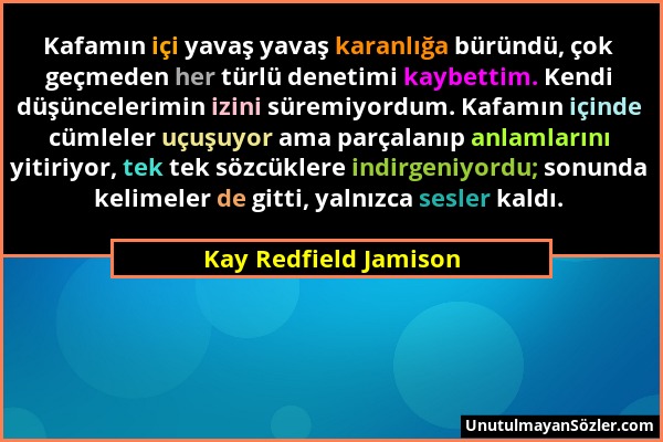 Kay Redfield Jamison - Kafamın içi yavaş yavaş karanlığa büründü, çok geçmeden her türlü denetimi kaybettim. Kendi düşüncelerimin izini süremiyordum....
