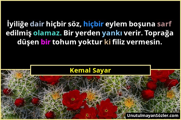 Kemal Sayar - İyiliğe dair hiçbir söz, hiçbir eylem boşuna sarf edilmiş olamaz. Bir yerden yankı verir. Toprağa düşen bir tohum yoktur ki filiz vermes...