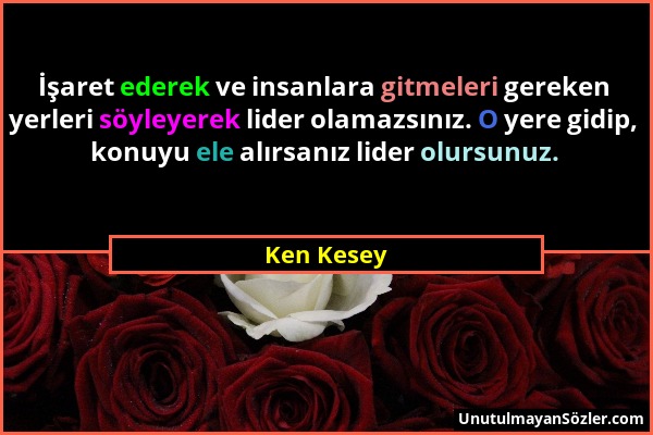 Ken Kesey - İşaret ederek ve insanlara gitmeleri gereken yerleri söyleyerek lider olamazsınız. O yere gidip, konuyu ele alırsanız lider olursunuz....