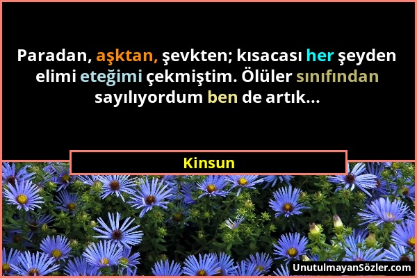 Kinsun - Paradan, aşktan, şevkten; kısacası her şeyden elimi eteğimi çekmiştim. Ölüler sınıfından sayılıyordum ben de artık......