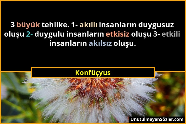 Konfüçyus - 3 büyük tehlike. 1- akıllı insanların duygusuz oluşu 2- duygulu insanların etkisiz oluşu 3- etkili insanların akılsız oluşu....