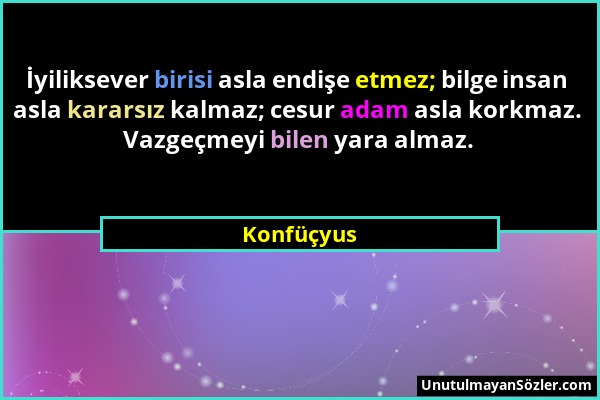 Konfüçyus - İyiliksever birisi asla endişe etmez; bilge insan asla kararsız kalmaz; cesur adam asla korkmaz. Vazgeçmeyi bilen yara almaz....