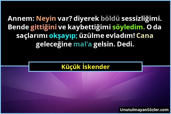 Küçük İskender - Annem: Neyin var? diyerek böldü sessizliğimi. Bende gittiğini ve kaybettiğimi söyledim. O da saçlarımı okşayıp; üzülme evladım! Cana...