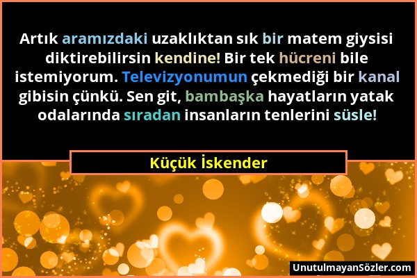 Küçük İskender - Artık aramızdaki uzaklıktan sık bir matem giysisi diktirebilirsin kendine! Bir tek hücreni bile istemiyorum. Televizyonumun çekmediği...