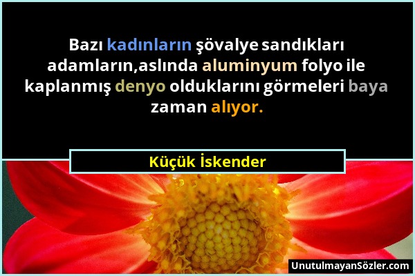 Küçük İskender - Bazı kadınların şövalye sandıkları adamların,aslında aluminyum folyo ile kaplanmış denyo olduklarını görmeleri baya zaman alıyor....