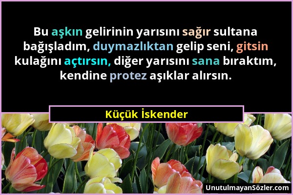 Küçük İskender - Bu aşkın gelirinin yarısını sağır sultana bağışladım, duymazlıktan gelip seni, gitsin kulağını açtırsın, diğer yarısını sana bıraktım...