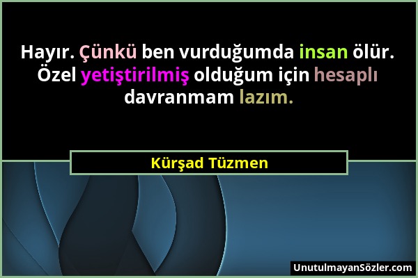 Kürşad Tüzmen - Hayır. Çünkü ben vurduğumda insan ölür. Özel yetiştirilmiş olduğum için hesaplı davranmam lazım....